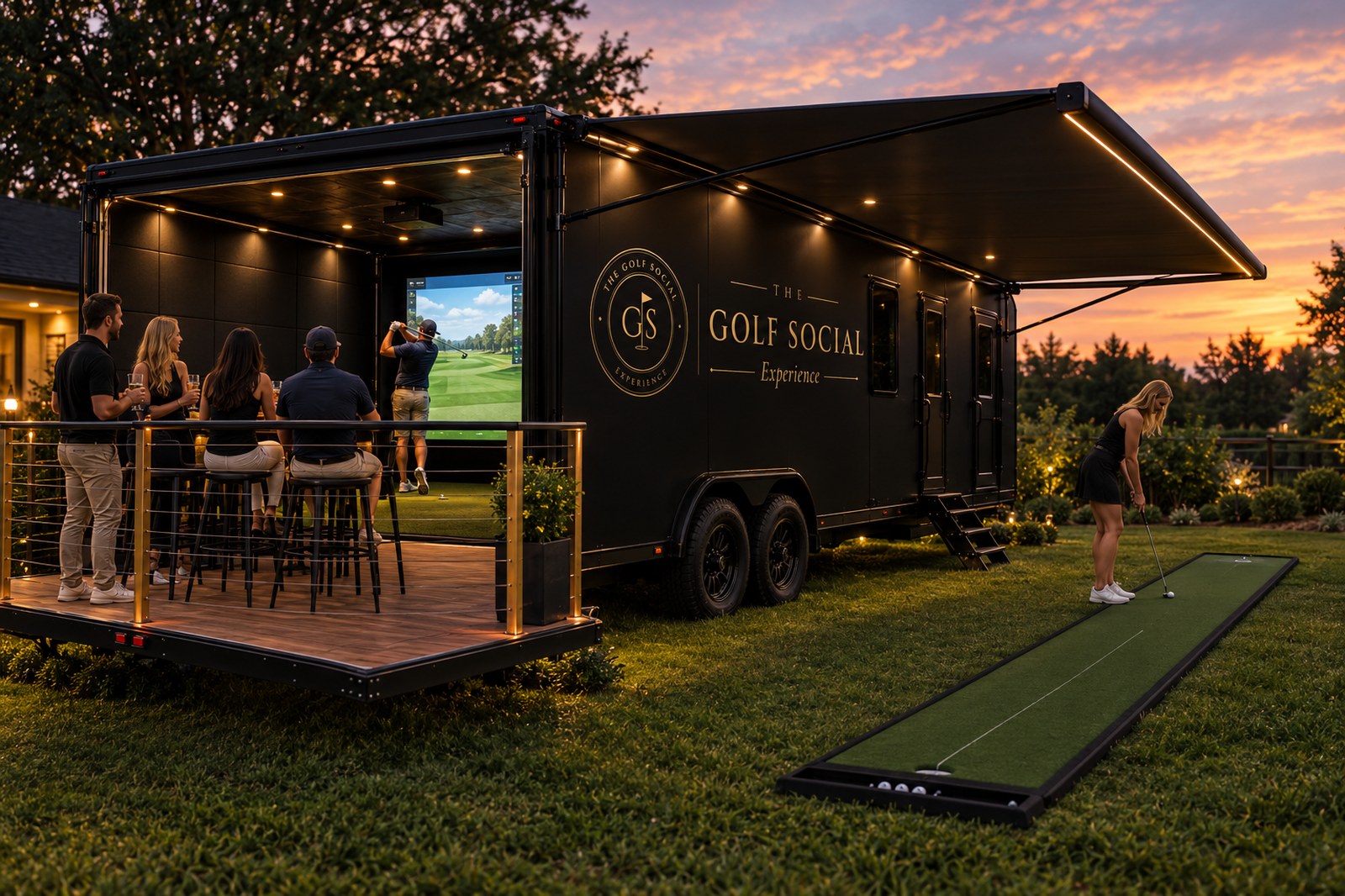 Rendering of The Golf Social mobile golf simulator trailer with a deck, bar seating, simulator screen and putting green